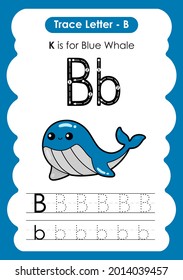 Alphabet tracing worksheet marine sealife with the letter B blue whale
