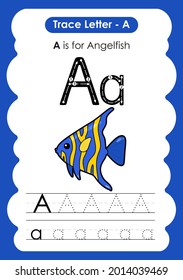 Alphabet tracing worksheet marine sealife with the letter A angelfish
