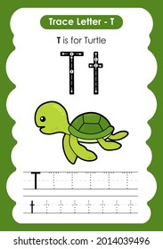 Alphabet tracing worksheet marine sealife with the letter T turtle
