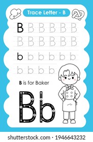 Alphabet tracing worksheet with occupation vocabulary by letter B Baker