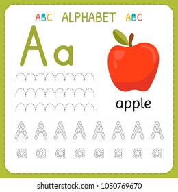 Alphabet tracing worksheet for preschool and kindergarten. Writing practice letter A. Exercises for kids. Vector illustration
