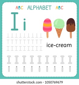 Alphabet tracing worksheet for preschool and kindergarten. Writing practice letter I. Exercises for kids. Vector illustration