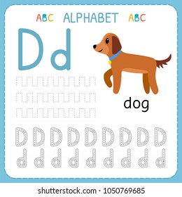 Alphabet tracing worksheet for preschool and kindergarten. Writing practice letter D. Exercises for kids. Vector illustration