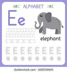 Alphabet tracing worksheet for preschool and kindergarten. Writing practice letter E. Exercises for kids. Vector illustration