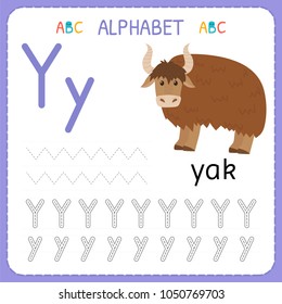 Alphabet tracing worksheet for preschool and kindergarten. Writing practice letter Y. Exercises for kids. Vector illustration