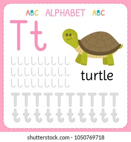 Alphabet tracing worksheet for preschool and kindergarten. Writing practice letter T. Exercises for kids. Vector illustration
