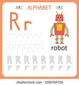 Alphabet tracing worksheet for preschool and kindergarten. Writing practice letter R. Exercises for kids. Vector illustration