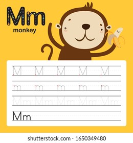 Alphabet tracing worksheet for preschool and kindergarten to improve basic writing skills, letter M, monkey, vector, illustration 