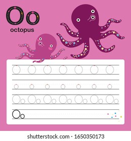 Alphabet tracing worksheet for preschool and kindergarten to improve basic writing skills, letter O, octopus, vector, illustration 