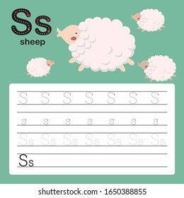 Alphabet tracing worksheet for preschool and kindergarten to improve basic writing skills, letter S, sheep, vector, illustration 