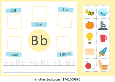 Alphabet tracing worksheet for preschool and kindergarten. Writing practice letter B. Exercises with cards for kids. Vector illustration