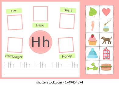 Alphabet tracing worksheet for preschool and kindergarten. Practice writing letter H. Exercises with cards for kids. Vector illustration