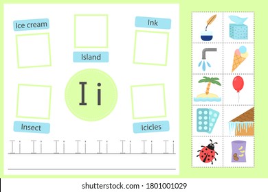 Alphabet tracing worksheet for preschool and kindergarten. Writing practice letter I. Exercises with cards for kids. Vector illustration svg