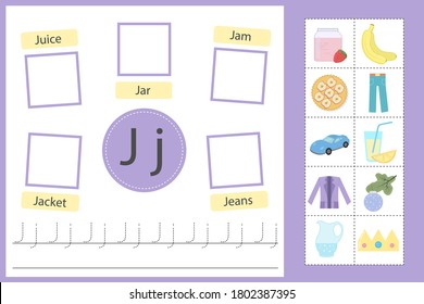 Alphabet tracing worksheet for preschool and kindergarten. Writing practice letter J. Exercises with cards for kids. Vector illustration svg