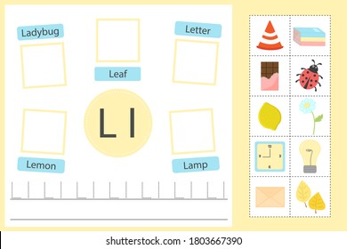 Alphabet tracing worksheet for preschool and kindergarten. Writing practice letter L. Exercises with cards for kids. Vector illustration svg