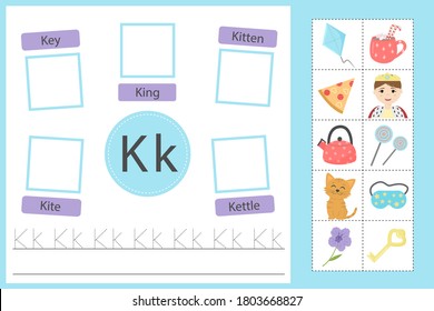Alphabet tracing worksheet for preschool and kindergarten. Writing practice letter K. Exercises with cards for kids. Vector illustration svg