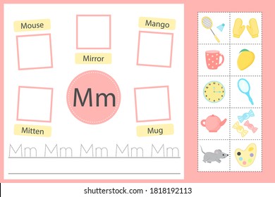 Alphabet tracing worksheet for preschool and kindergarten. Writing practice letter M. Exercises with cards for kids. Vector illustration svg