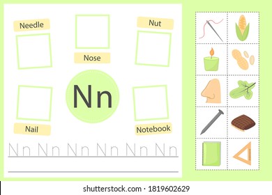 Alphabet tracing worksheet for preschool and kindergarten. Writing practice letter N. Exercises with cards for kids. Vector illustration svg