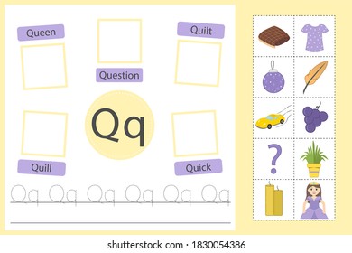 Alphabet tracing worksheet for preschool and kindergarten. Writing practice letter Q. Exercises with cards for kids. Vector illustration svg