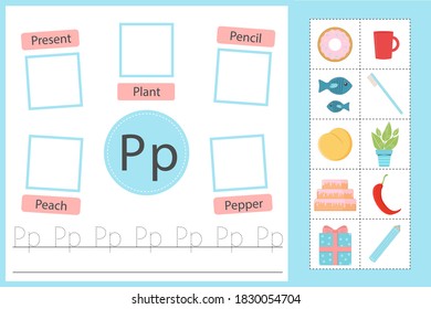 Alphabet tracing worksheet for preschool and kindergarten. Writing practice letter P. Exercises with cards for kids. Vector illustration svg