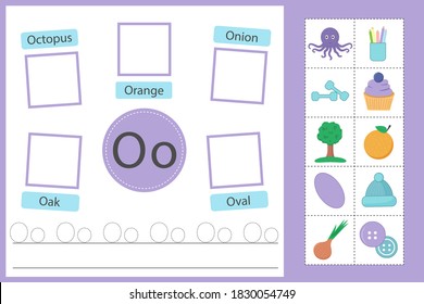 Alphabet tracing worksheet for preschool and kindergarten. Writing practice letter O. Exercises with cards for kids. Vector illustration