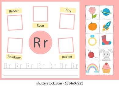Alphabet tracing worksheet for preschool and kindergarten. Writing practice letter R. Exercises with cards for kids. Vector illustration svg