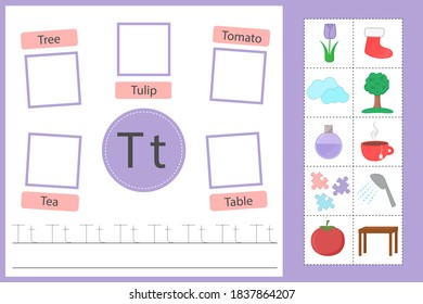 Alphabet tracing worksheet for preschool and kindergarten. Writing practice letter T. Exercises with cards for kids. Vector illustration svg