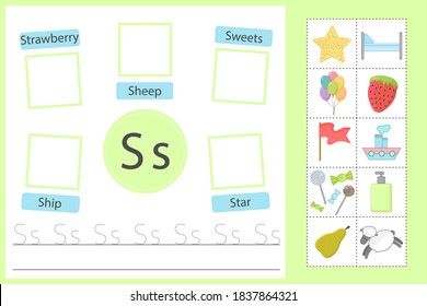 Alphabet tracing worksheet for preschool and kindergarten. Writing practice letter S. Exercises with cards for kids. Vector illustration svg