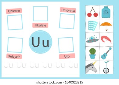 Alphabet tracing worksheet for preschool and kindergarten. Writing practice letter U. Exercises with cards for kids. Vector illustration svg