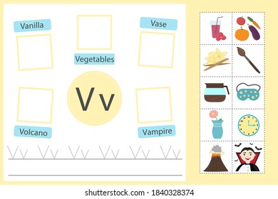 Alphabet tracing worksheet for preschool and kindergarten. Writing practice letter V. Exercises with cards for kids. Vector illustration svg