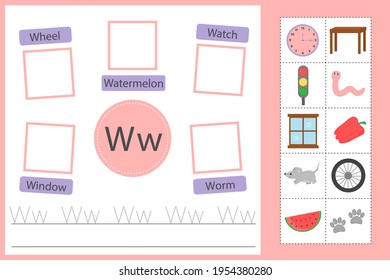 Alphabet tracing worksheet for preschool and kindergarten. Writing practice letter W. Exercises with cards for kids. Vector illustration svg