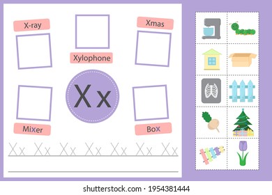 Alphabet tracing worksheet for preschool and kindergarten. Writing practice letter X. Exercises with cards for kids. Vector illustration svg