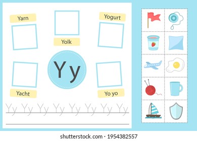 Alphabet tracing worksheet for preschool and kindergarten. Writing practice letter Y. Exercises with cards for kids. Vector illustration svg