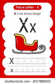 Alphabet tracing worksheet transportation vehicle with a letter x xmas sleigh