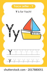 Alphabet tracing worksheet transportation vehicle with a letter y yacht