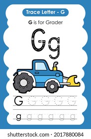 Alphabet tracing worksheet transportation vehicle with a letter g grader