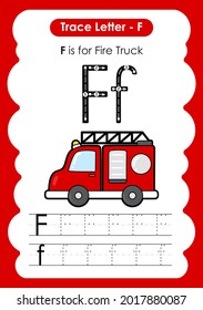 Alphabet tracing worksheet transportation vehicle with a letter f fire truck