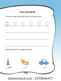 Alphabet tracing worksheet A to Z. ABC writing pages. Small letters tracing worksheet. Handwriting exercises for kids. Printable worksheet. Penmanship, fine motor skills, hand-eye coordination. Car
