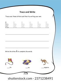 Alphabet tracing worksheet A to Z. ABC writing pages. Small letters tracing worksheet. Handwriting exercises for kids. Printable worksheet. Penmanship, fine motor skills, hand-eye coordination. key
