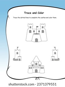 Alphabet tracing worksheet A to Z. ABC writing pages. Small letters tracing worksheet. Handwriting exercises for kids. Printable worksheet. Penmanship, fine motor skills, hand-eye coordination. Castle