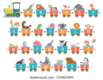 Alphabet train with animals. Cartoon animal illustration in van, education abc letter for children school vector