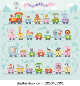 Alphabet train with animals. Cartoon animal illustration in van, education abc letter for children school vector on blue forest