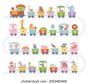 Alphabet train with animals. Cartoon animal illustration in van, education abc letter for children school vector on white