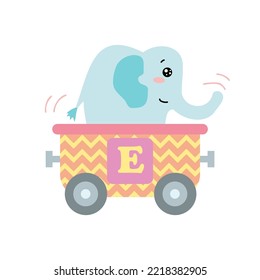 Alphabet train carriage with elephant and letter e. Vector illustration of abc for preschool children learning English letters. Cartoon funny elephant sitting in vehicle isolated on white. Education