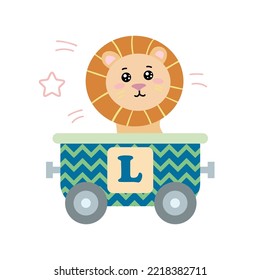 Alphabet train carriage with lion and letter l. Vector illustration of abc for preschool children learning English letters. Cartoon funny lion sitting in vehicle isolated on white. Education, game