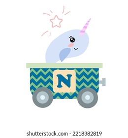Alphabet train carriage with narwhal and letter n. Vector illustration of abc for preschool children learning English letters. Cartoon funny narwhal sitting in vehicle isolated on white. Education