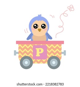 Alphabet train carriage with penguin and letter p. Vector illustration of abc for preschool children learning English letters. Cartoon funny penguin sitting in vehicle isolated on white. Education