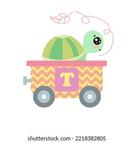 Alphabet train carriage with turtle and letter t. Vector illustration of abc for preschool children learning English letters. Cartoon funny turtle sitting in vehicle isolated on white. Education, game