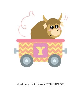 Alphabet train carriage with yak and letter y. Vector illustration of abc for preschool children learning English letters. Cartoon funny yak sitting in vehicle isolated on white. Education, game
