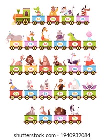 Alphabet train. Cartoon kids color wagons, funny animals and letters, cute zoo abc, vehicle toys, children amusement park. Childish educational poster or cards vector cartoon concept